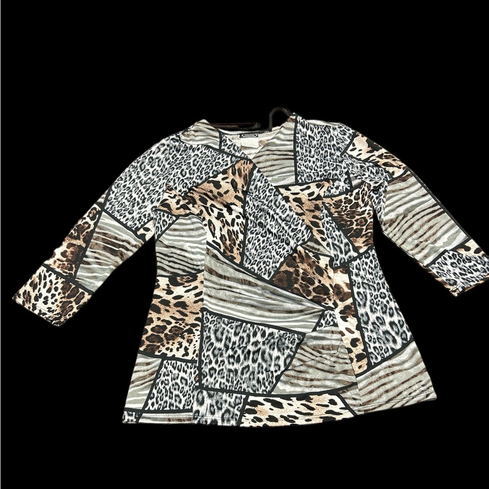 Clientele Animal Print Patchwork 3/4 Sleeve V-Neck Top L